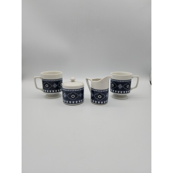 Vintage Coffee Or Tea Set Navy Paisley 2 Cups, Cream & Sugar Porcelain - Picture 1 of 12